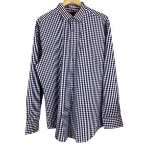 Alfani Mens Button Up Shirt Size XL 17 34/35 Fitted Performance Navy Tan Check